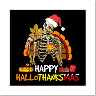 Happy Hallothanksmas Skeleton Halloween Merry Christmas Posters and Art